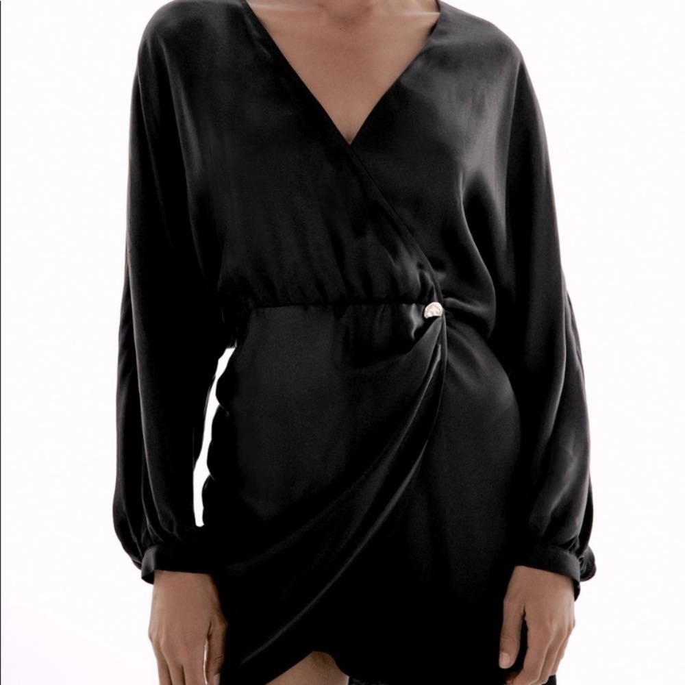 ZARA Satin effect wrap dress long sleeves Size Large - Picture 10 of 14